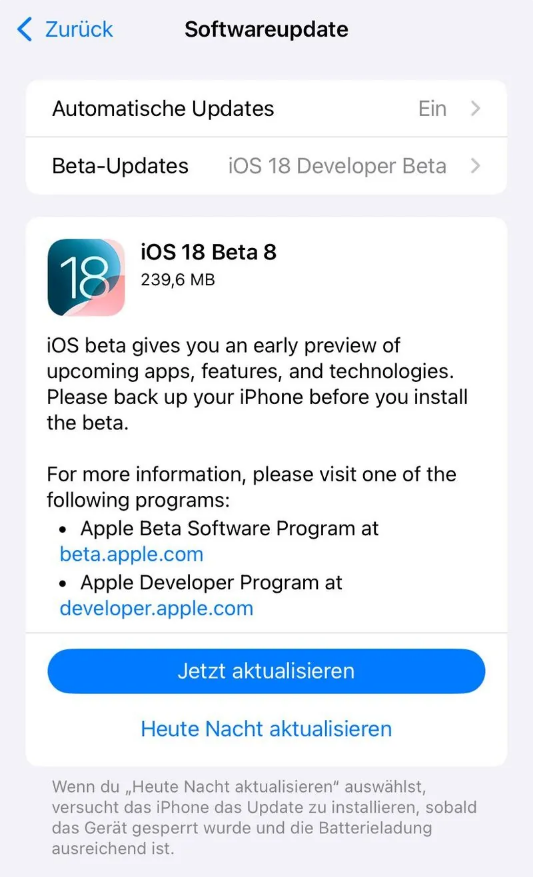 汉川苹果手机维修分享苹果 iOS / iPadOS 18 开发者预览版 Beta 8 发布 